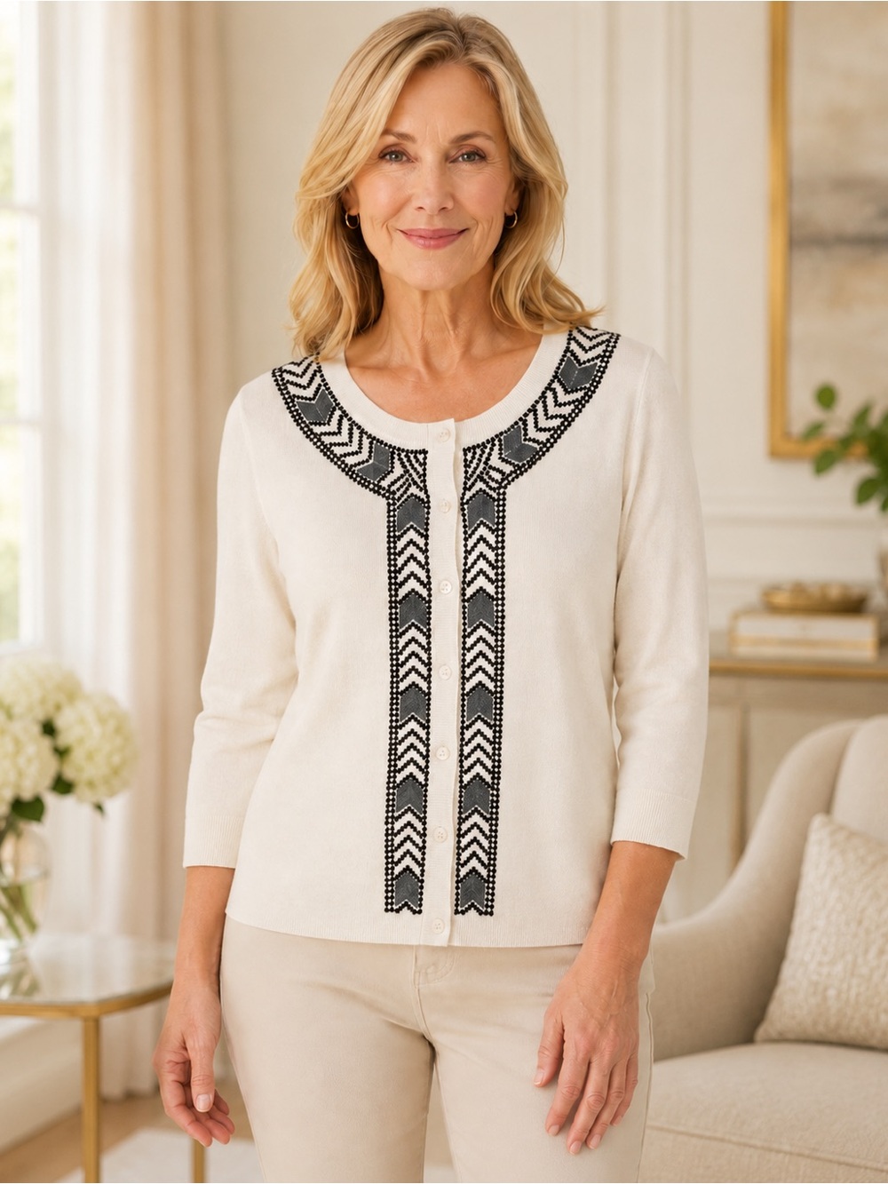 NWT Talbots Beaded Aztec Boho Button Down Cardigan Sweater Size Large Petite